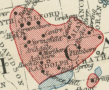 Detail of Quaker communities from Map to accompany Weeks' Southern Quakers and slavery, 1896.