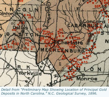 Detail from Preliminary map showing location of principal gold deposits in North Carolina, 1896