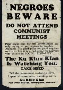Poster, "Negroes Beware, Do Not Attend Communist Meetings," Birmingham, Alabama (1933), from Guy B. Johnson Papers, SHC #3826.