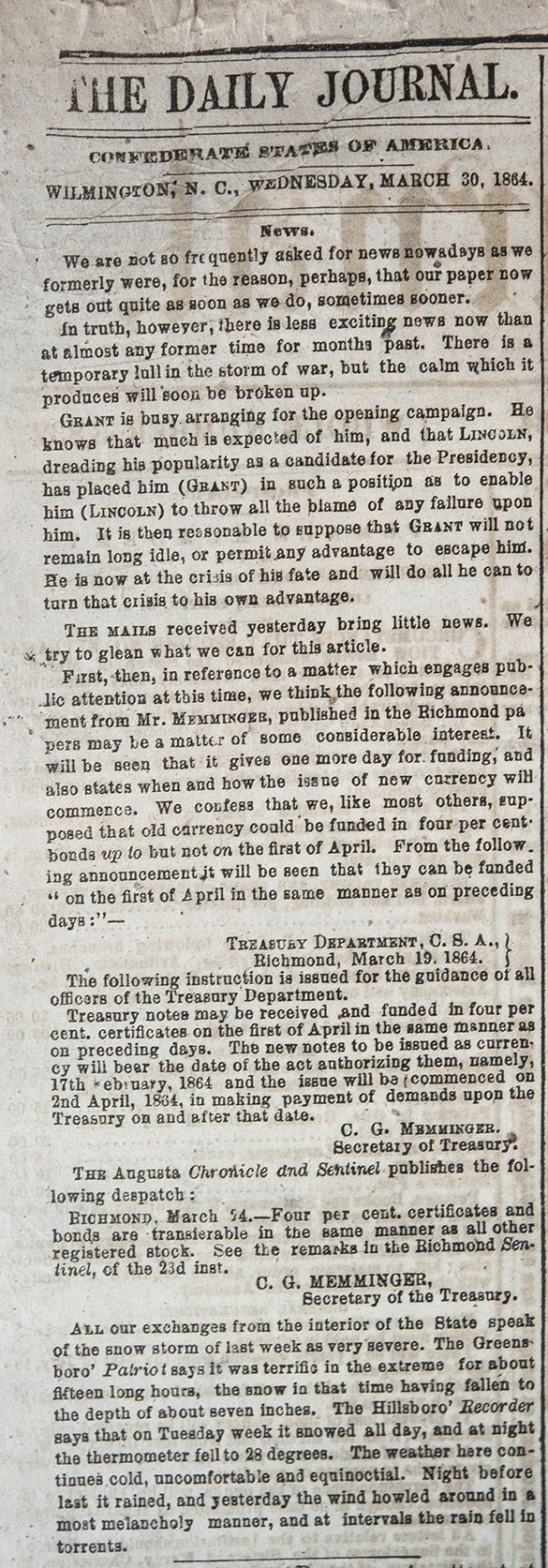 THe Daily Journal (Wilmington, N. C.) 30 March 1864, page 2, column 1.