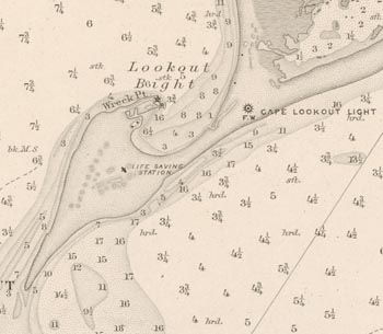 Detail from Coast chart no. 147 Core Sound to Bogue Inlet including Cape Lookout North Carolina, 1910.